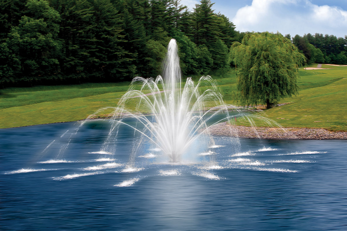 Aqua Control Select Series 2 Pentalator fountain spray pattern running on a pond in daylight